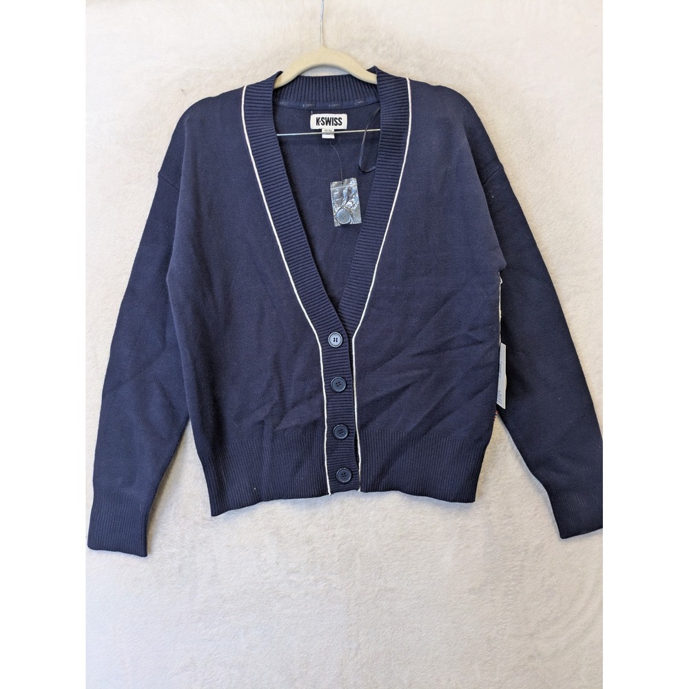 NEW K-Swiss‎ Cardigan Women's Medium Blue Contrast Trim V-Neck Button